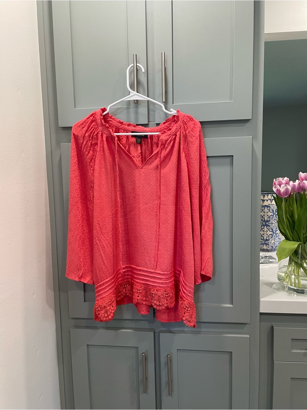 Melissa Paige Coral Pink Peasant Blouse with Lace Hem